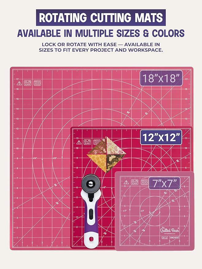 The Quilted Bear Rotating Cutting Mat 12" x 12" - Locking & Rotating Self Healing Cutting Board for Sewing, Fabric & Quilting - 360 Degree Sewing Supplies Mat for Craft Table (Pink)
