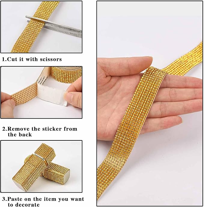 4 Rolls Self Adhesive Crystal Rhinestone Ribbon Diamond Bling Tape with 2 mm Rhinestones Strips Sticker for Arts Crafts Wedding Birthday Party DIY Event Car Phone Decoration (Gold)