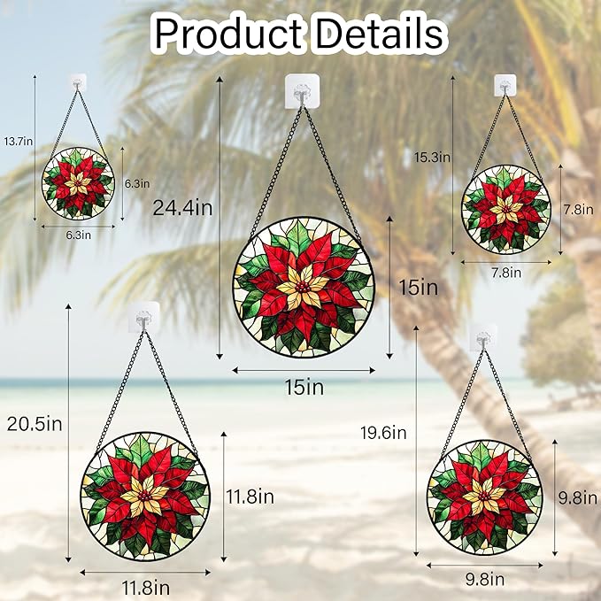 Stained Glass Window Hanging - Red Poinsettia Birth Flower Sun Catcher for Door Garden Home Decor Suncatcher Christmas Mother's Day Birthday Gifts for Women Men Mom Girl Nana Friend 11.8 in