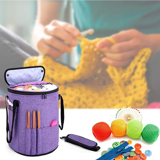 Teamoy Crochet Bags for Women, Yarn Storage Organizer, Knitting Project Bag for Knitting Needles and Hooks, Purple