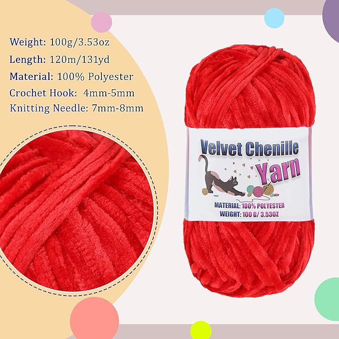 4 * 100g Fluffy Velvet Chenille Yarn for Crocheting and Knitting, Handcrafts Weaving Soft Chenille Yarn for Crocheting Clearance, Used for Making Baby Yarn Blanket, Clothes, DIY Craft (Red)