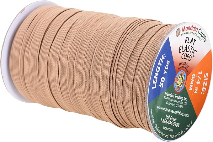 Mandala Crafts 6mm 50 Yds Roll of Nude Elastic Bands for Sewing - 1/4 Flat Elastics Cord - 1 4 Inch Braided Stretch Straps for Crafting