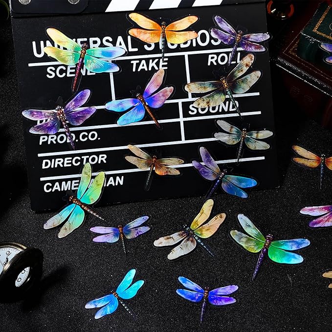 Yoksas 80Pcs Holographic Vintage Dragonfly Stickers - Waterproof Transparent Insect Scrapbook Craft Decorative Stickers for Junk Bullet Journals,Planners,Album