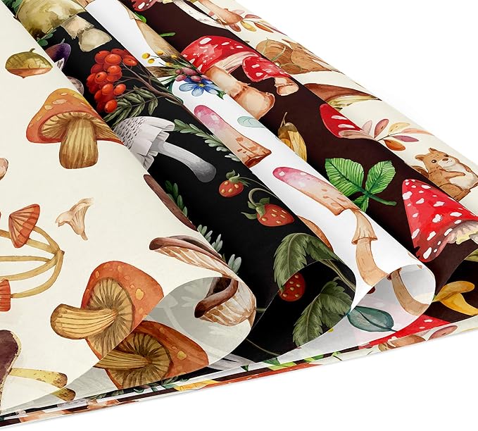 24 Sheets Mushroom Scrapbook Paper Pad Double-Sided Vintage Mushroom Squirrel Plants Moth Patterned Decorative Craft Paper for Card Making Photo Album Journal DIY Craft, 11.8'' x 11.8''