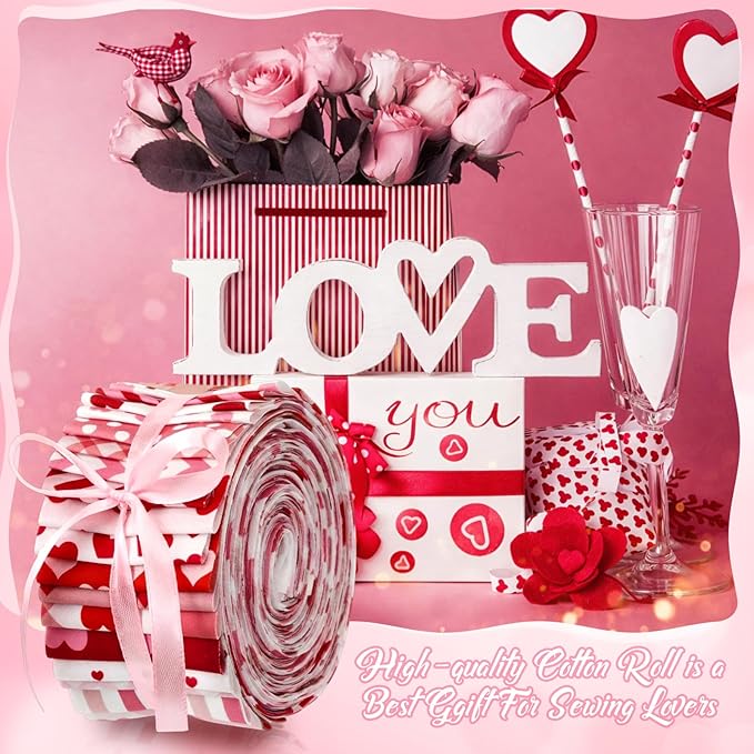 60 Pcs Christmas Quilting Fabric Roll 2.6 x 40 Cotton Fabric Strips Precut Jelly Patchwork for Craft Sewing(Valentines)