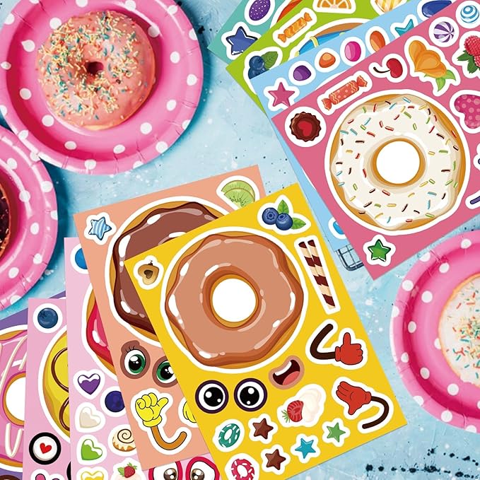 DUJAA 27 Sheets Donut Stickers for Kids, DIY Art Crafts, Make Your Own Donut Stickers, Mix and Match Sweets and Treats Fruit, Birthday Gifts, Teacher Reward