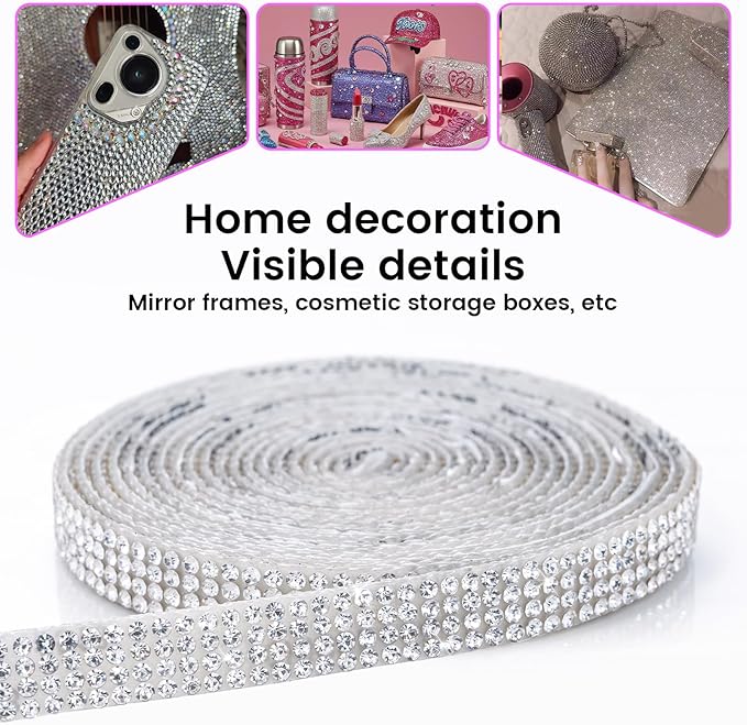 Novani Self Adhesive Rhinestone Ribbon, 0.35 Inch Wide 3 Yards 1 Roll, Silver Crystal Diamond Bling Strips for DIY Crafts,Home Decor,Glitter Glass Rhinestones Tape for Crafting,Car Decoration