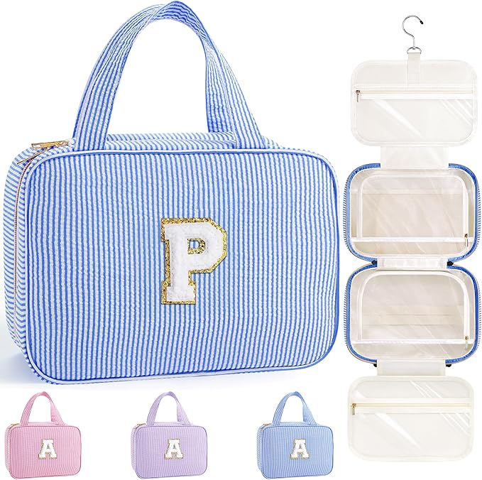TOPEAST Hanging Toiletry Bag for Women - Travel Toiletry Bag Makeup Bag, Portable Toiletries Cosmetic Bag, Airplane Travel Essentials - Letter P, Blue