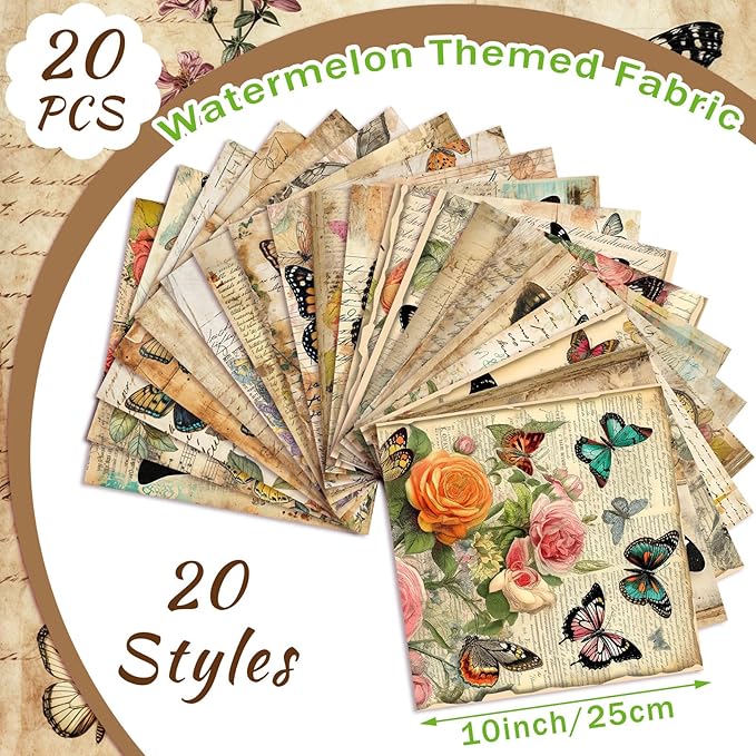 HunnmingRe 20 Pcs 10''x10'' Vintage Butterfly Quilting Fabric Square Retro Butterfly Floral Quiltted Fabric Bundle Multicolor Precuts Printed Patchwork Supplies for Holiday DIY Sewing Craft