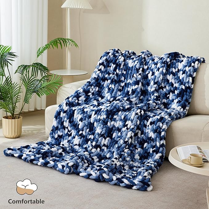 Chunky Yarn for Hand Knitting - #10 Chunky Chenille Blanket Yarn, Jumbo Big Thick Chunky Yarns for Crocheting, Tie Dye Bulky Knit Yarns, 8 Skein (25 yds 8 oz Each Skein), Navy & Multi Blue