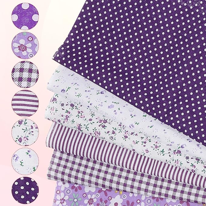 PATIKIL Cotton Fabric Bundles, 7 Pcs 10 x 10 Inch Pure Cotton Fat Quarter Floral Printed Precut Fabric Squares for Sewing Patchwork Quilting DIY Crafts, Purple