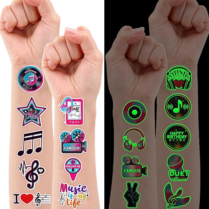 96PCS Music Note Notes Musical Pre-Cut Luminous Glow in the dark Temporary Tattoos for Kids Birthday Themed Party Supplies Decorations Favors Super Cute Instrument Stickers Tattoo Gifts for Boys Girls