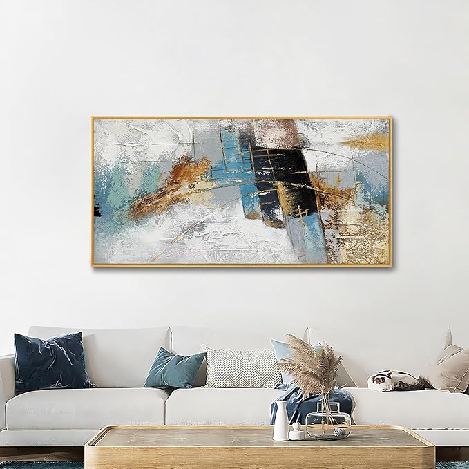 Large 100% Handmade Abstract Oil Painting with Frame Modern Original Hand Painted Heavy Textured Wall Painting Blue Gold Grey Canvas Wall Art Wall Decor for Living Room Bedroom Office Hang 48x24 inch