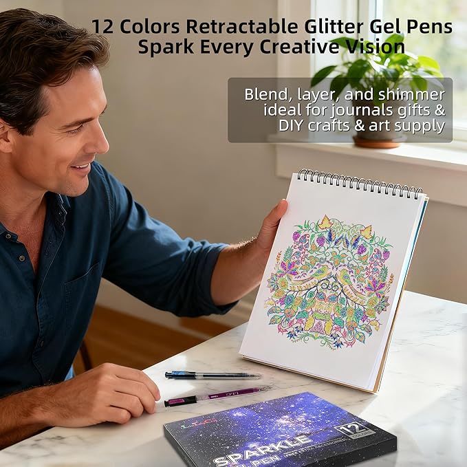 12 Colors Retractable Glitter Gel Pens, Large Capacity Metallic Sparkle Gel Ink Pens &1.0 mm Fine Tip, Colored Glitter Pens for Adult Coloring Book Drawing Note Taking Writing Doodling