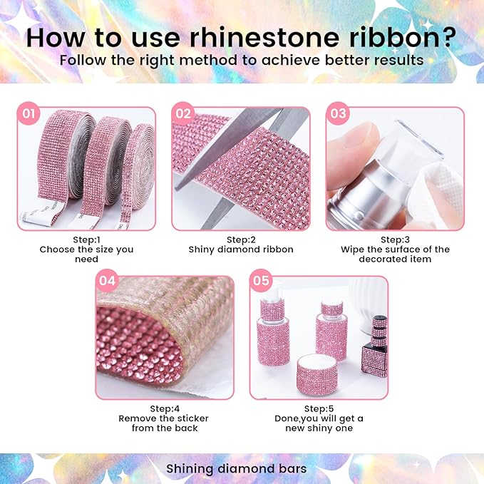Novani Self Adhesive Rhinestone Ribbon, 0.78 Inch Wide 3 Yards 1 Roll, Pink Crystal Diamond Bling Strips for DIY Crafts,Home Decor,Glitter Glass Rhinestones Tape for Crafting,Car Decoration