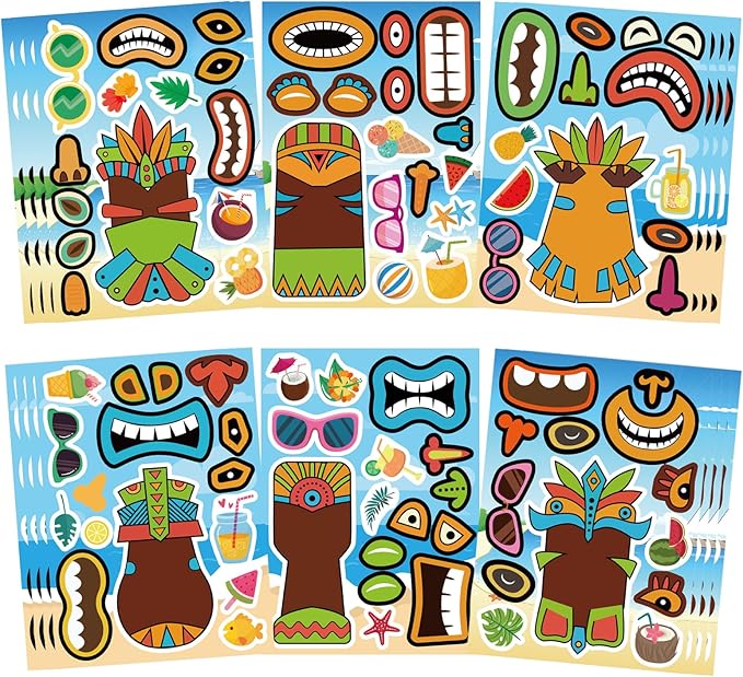 24 Sheets Summer Stickers, Make a Tiki Face Sticker, Tropical Hawaiian Stickers Make Your Own Tiki Sticker for Kids Summer Luau Party Favors Decoration
