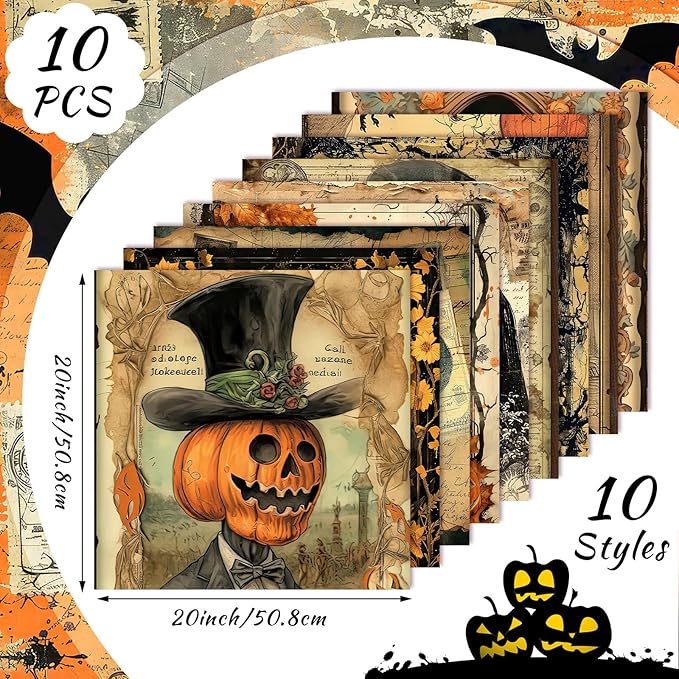 Hahafelt 10 Pcs 20 x 20 Inch Gothic Quilting Fabric Bundles Gothic Skull Owl Ghost Themed Square Fabric by The Yard Scary Horror Patchwork Precuts Supplies for DIY Sewing Crafting Supplies