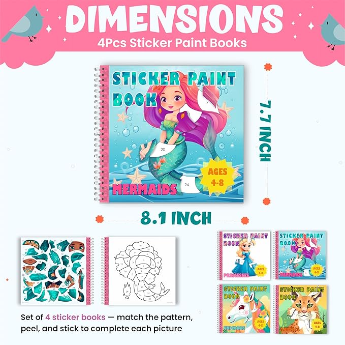 BulbaCraft 4Pcs Sticker Paint Books - Sticker Books by Number with Mermaids, Princesses, Animals and Unicorns - Coloring Activity