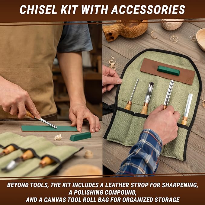 BeaverCraft Wood Carving Gouges Chisels Kit SC01 - Wood Spoon Carving Chisel Set - Whittling Tools Includes Radial Gouges, Flat Chisel, Bent Gouge, Leather Strop & Rolling Pouch