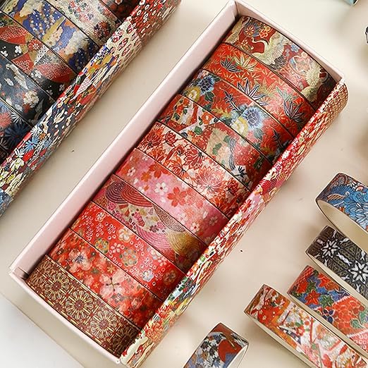 10 Rolls Ukiyo-e Style Washi Tape Set Japanese Kyoto Arts Adhesive Tapes Skinny Decorative Masking Tape Sets for Craft, Kids, Scrapbook, DIY, Gift Wrapping (Crimson Harmony)