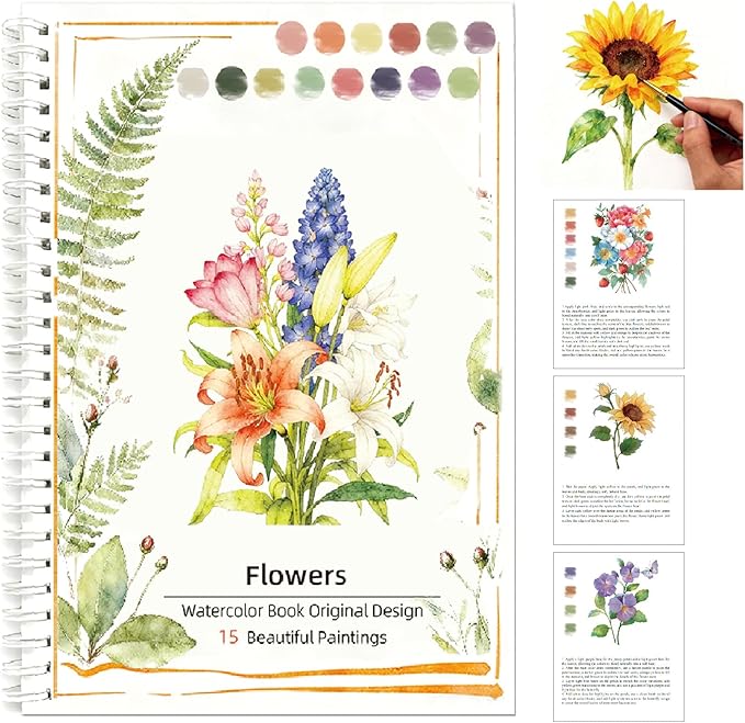 Watercolor Workbook, 15 Different Patterns of Original DIY Paintings for Water Color Book, 8.7 * 6.7inch, Water Coloring Book for Beginners Adults (Without Palette, Flowers)