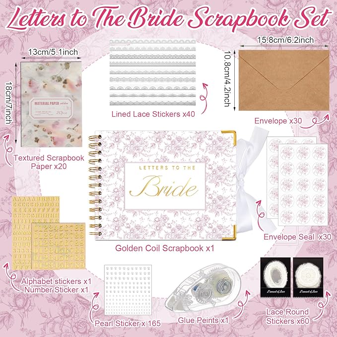 Humyoun 8.5 x 7 Inch Wedding Guest Book Letters to The Bride Scrapbook Wedding Memory Book Bridal DIY Blank Paper Scrapbook Photo Album Guest Sign with Pearl Stickers(157 Pcs,Pink Floral)