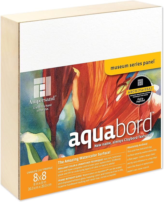 Ampersand Art Supply Watercolor Painting Panel: Museum Series Aquabord, 1-1/2 Inch Cradled Profile, 8" x 8"