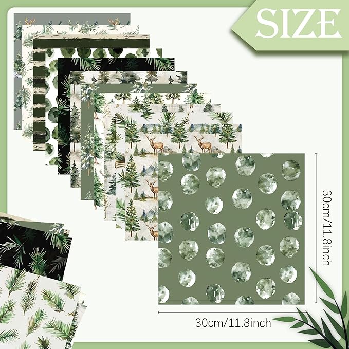 24 Sheets Large Watercolor Forest Deer Double-Sided Craft Paper Pack, Vintage Pine Tree Woodland Pattern Paper for Decoupage, Scrapbooking, Journaling, Card Making & DIY Christmas Holiday Crafts