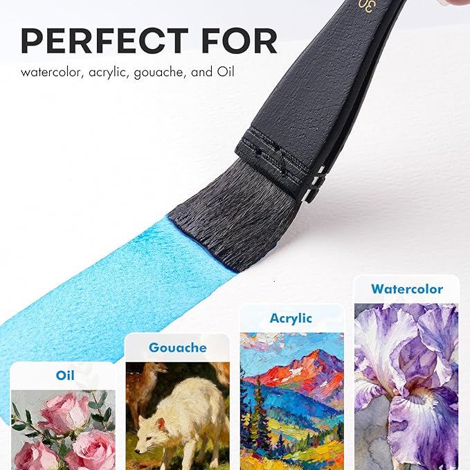 Flat Watercolor Brushes, Fuumuui 30mm Professional Squirrel Hair Flat Hake Brushes, Artists Scale Large Paint Brush with Long Handle for Watercolor and Acrylic Paints