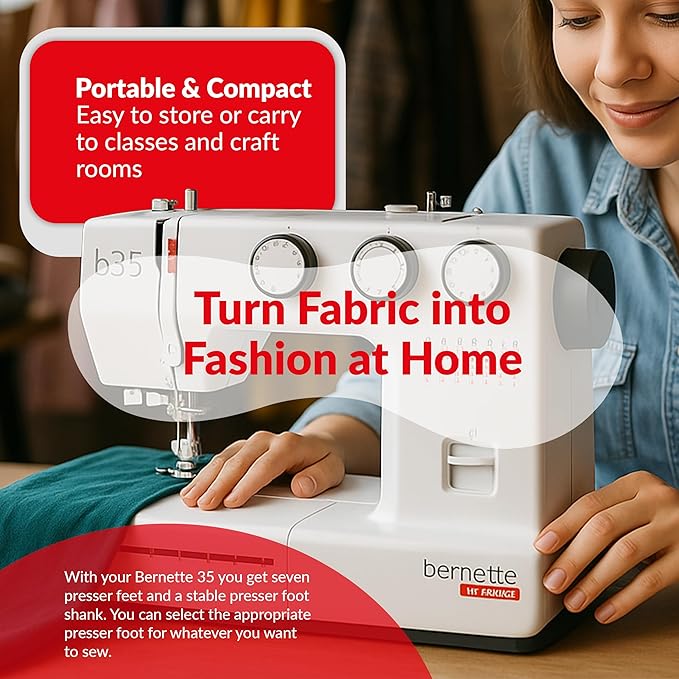 Bernette B35 Sewing Machine with 23 Built-In Stitches, 5mm Stitch Width, Front-Loading Hook, 1-Step Buttonhole, and 10 Free Bobbins