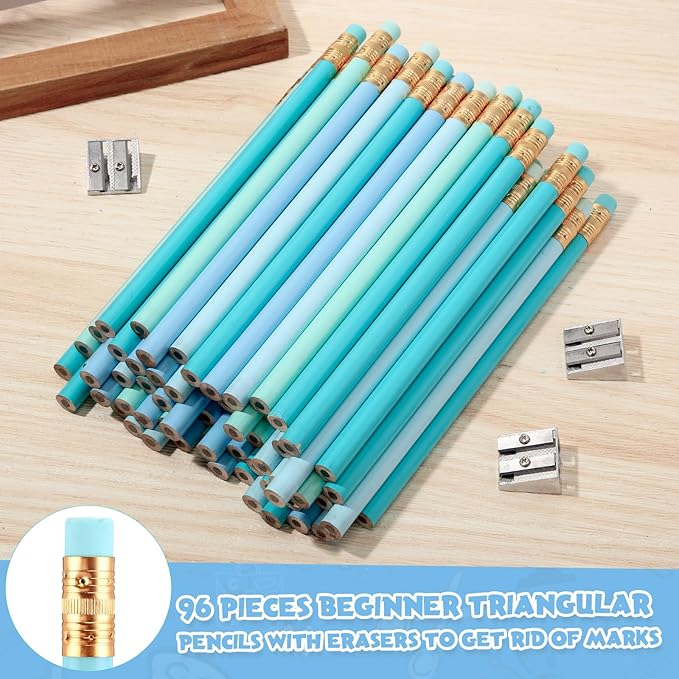 Fainne 102 Pcs Bulk Thick Jumbo Graphite Pencils Set 96 Fat Giant Large Pencils and 6 Sharpeners Enhanced Grip for Art Drafting Writing Drawing Office and Home Use(Teal, Blue,Triangle)