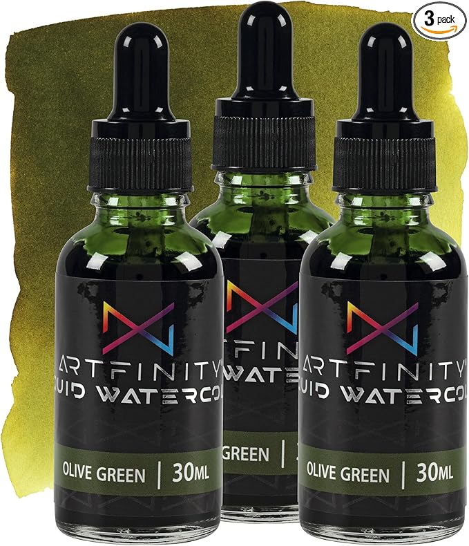 Liquid Watercolor Paint 30 ml Bottle - 3 Pack, Olive Green - Vibrant Dye-Based Liquid Watercolor w/Glass Pipette, Fast-Drying, Fine Art Paint for Calligraphy, Airbrushing & Traditional Art