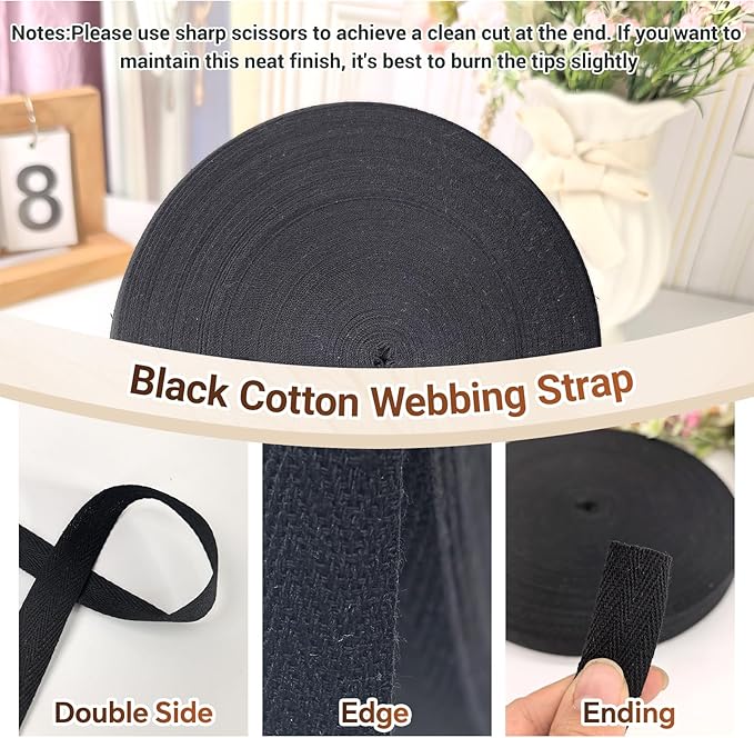Black Herringbone Twill Tape 3/4 inch for Sewing,Ties,Gift Wrapping Home Deco -40 Yards Natural Cotton Webbing Straps-Bias Binding Tape for Handles, Crafting & DIY Projects