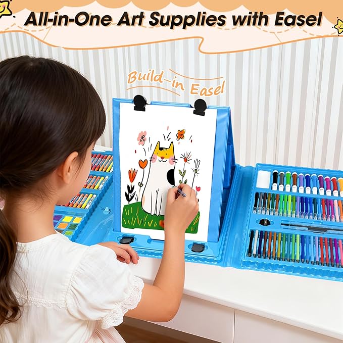KIDDYCOLOR Kids Art Set, Drawing Art Supplies for Girls & Boys Ages 4-8 with Watercolor Cakes, Oil Pastels, Colored Pencils, Ideal Gift for Young Artist, Blue-217pcs