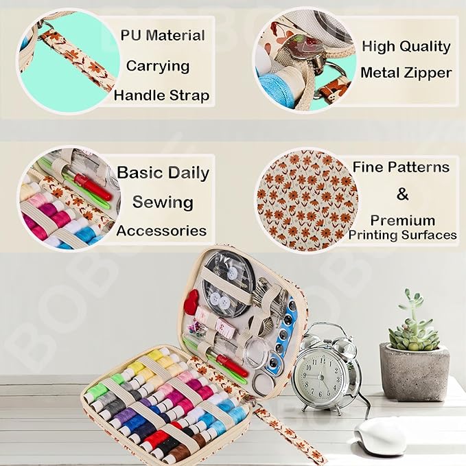 Printing Sewing Kit Maple Leaf Pattern Sewing Set Mini Travel Sewing Kit for Adults 87 PCS Professional Basic Sewing Supplies Accessory for Emergency, Home