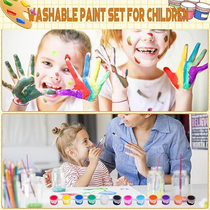 DUA MAIGA 210 Pcs Mini Acrylic Paint Set,12 Colors Acrylic Paint Strips with 30 Pcs Paint Brushes for Kids & Adults, Kids Paint Set for Home Birthday Classroom Party Favors