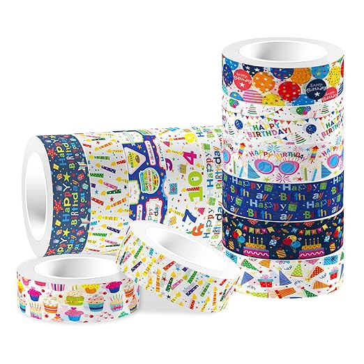 12 Roll Happy Birthday Washi Tape Set - 16.4Ft Each, Colorful Cake & Candle Designs for Gift Wrapping, Scrapbooking, Party Decor DIY Crafts (196Ft Total)