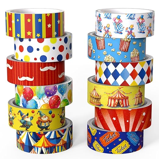 12 Rolls Circus Washi Tape Set, Vintage Carnival Cartoon Decorative Tape Tent Clown Tickets Masking Tape for Journaling Supplies, Junk Journal, Scrapbooking, DIY Arts & Crafts, Gift Wrapping