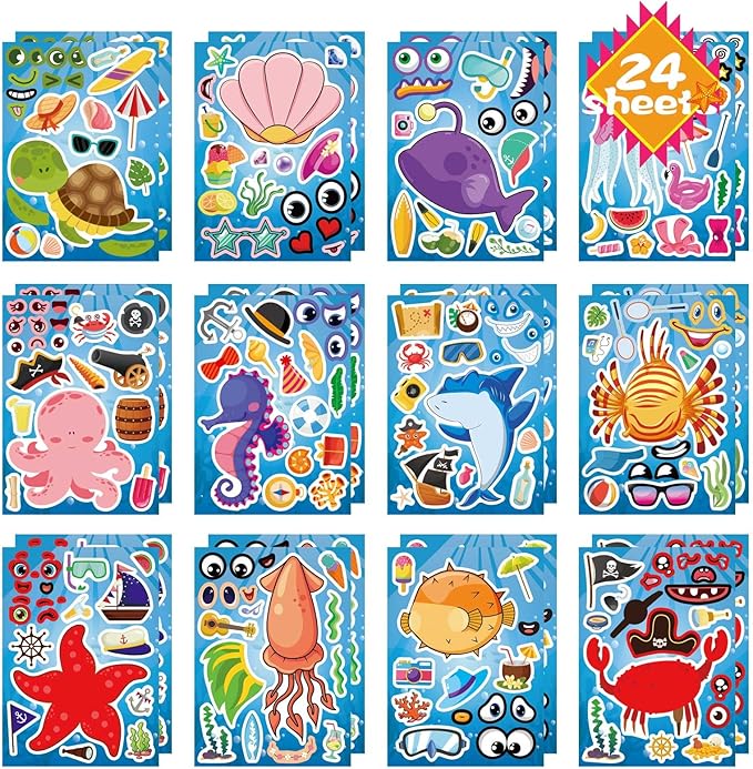 24 Sheets Make Your Own Sea Animals Stickers for Kids Toddlers, Make-a-face Stickers, Ocean Animals Stickers for Kids Party Favors Activities