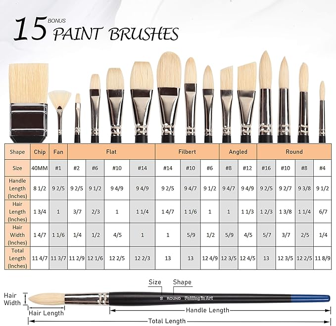 Falling in Art Natural Bristle Professional Paintbrush Set, 15PCS Long Handled Paint Brushes for Acrylic Painting, Oil Paint Brushes with Bamboo Storage Pouch