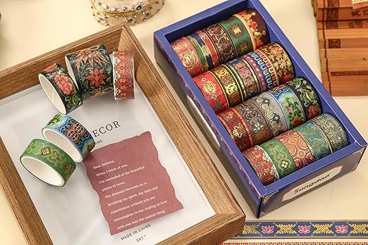 20 Rolls Chinese Style Washi Tape Set, Ancient Palace Pattern Decorative Masking Tapes with Gold Foil, Oriental for Craft, Scrapbook, DIY, Gift Wrapping (32-Azure Brocade Clouds)
