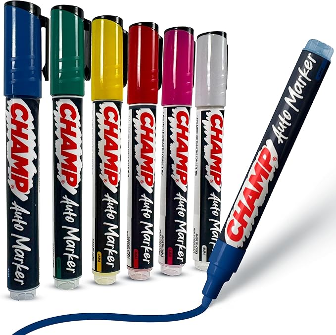 CHAMP Auto Markers Pack of 6 – 4mm Tip, Works on Multiple Surfaces, Smudge-Proof, Weather-Resistant, Washable Markers for Auto Shops, Mechanics and Detailing - Yellow