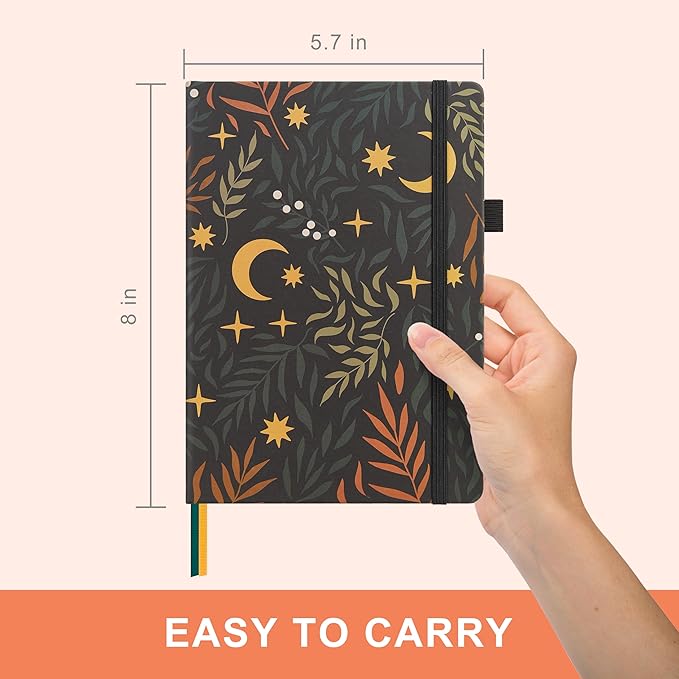 &And Per Se Dotted Journal Notebook for Women&Men with Pattern, A5 Leather Hardcover, 160 Pages 100GSM Thick Dotted Paper, 3 Sheets of Stickers Included, 5.7'' x 8'' (Lunar Leaf)