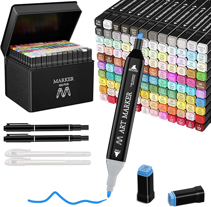 Alcohol Markers Set, 100 Colors Dual Tip Markers for Adult Coloring Books, Art Marker for Kids Adults Sketch Drawing, Marker Set with stand and Carry Case