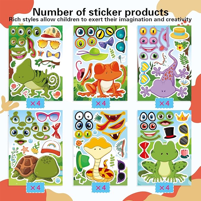 24 PCS Make-a-face Sticker for Kids, Make Your Own Reptile Animal Mix and Match Sticker with Snakes, Lizards, Frogs, Turtles, Kids Party Favor Supplies Craft