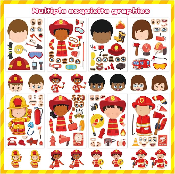 24 Sheets Firefighter Stickers for Kids, Make-a-face Fireman Stickers Sheets, Fireman Themed Sticker Party Favor Supplies Craft School Fire Education Teacher Reward