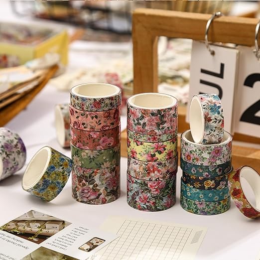 Floral Washi Tape Set - 15 Rolls Flowers Arts Adhesive Tapes Garden Blooms Decorative Masking Tape Sets for Craft, Kids, Scrapbook, DIY, Gift Wrloapping (3-Autumn Petals)