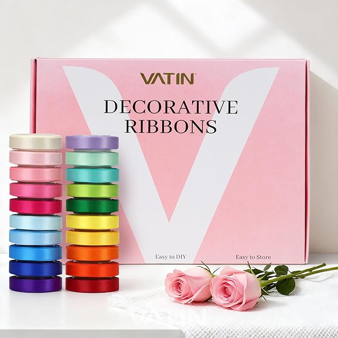 VATIN Colorful Satin Ribbon Set, 3/8 Inch x 20 Colors,Total 100 Yards-Double Faced Ribbon for Gift Wrapping Craft，Birthday Decorations,Baby Shower Decorations