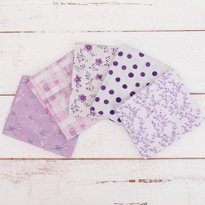 Threadart Exclusive 5 Fat Quarter Bundles - White and Purple Vintage Prints 100% Cotton Fabric - Premium 100% Cotton Quilting Fabric - No Duplicates - Full Size Fat Quarters 18"x21" - White and Purple