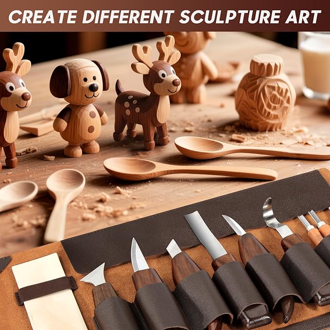 Wood Carving Tools, 17Pcs Wood Carving Kit with PU Storage Bag with 6Pcs Whittling Knives & 5 Detail Carving Knives for Adults Carving DIY